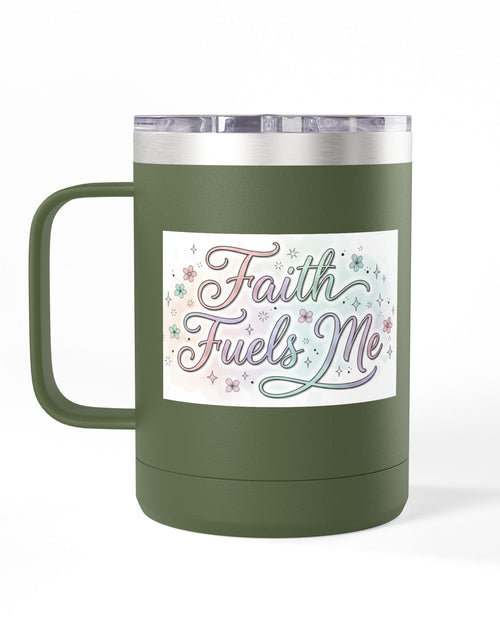 Load image into Gallery viewer, 15oz Insulated Coffee Tumbler Mug — "Faith Fuels Me" Pastel Star Design
