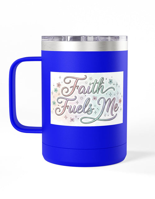 Load image into Gallery viewer, 15oz Insulated Coffee Tumbler Mug — "Faith Fuels Me" Pastel Star Design
