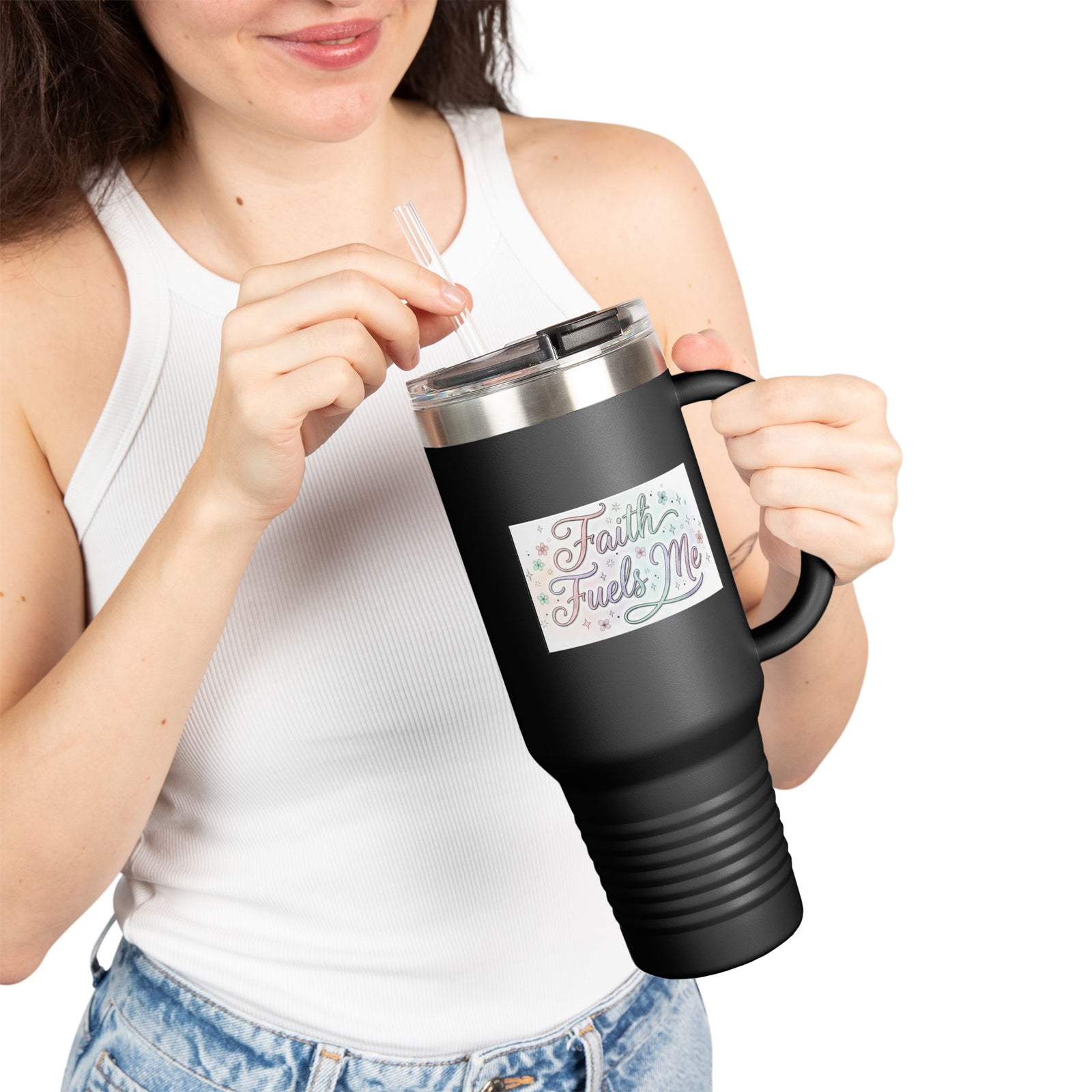 40oz Insulated Travel Mug — "Faith Fuels Me" Inspirational White Tumbler