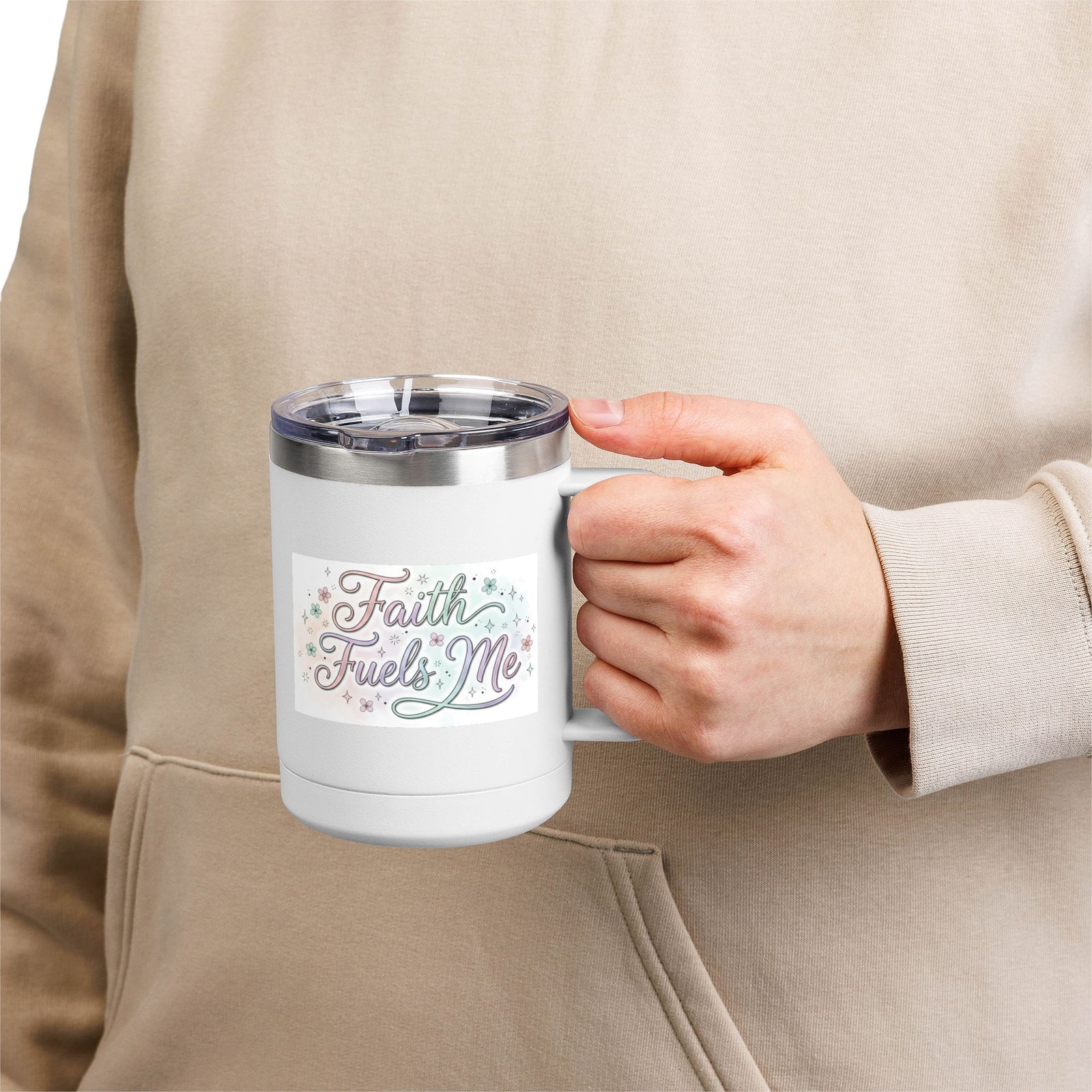 15oz Insulated Coffee Tumbler Mug — "Faith Fuels Me" Pastel Star Design