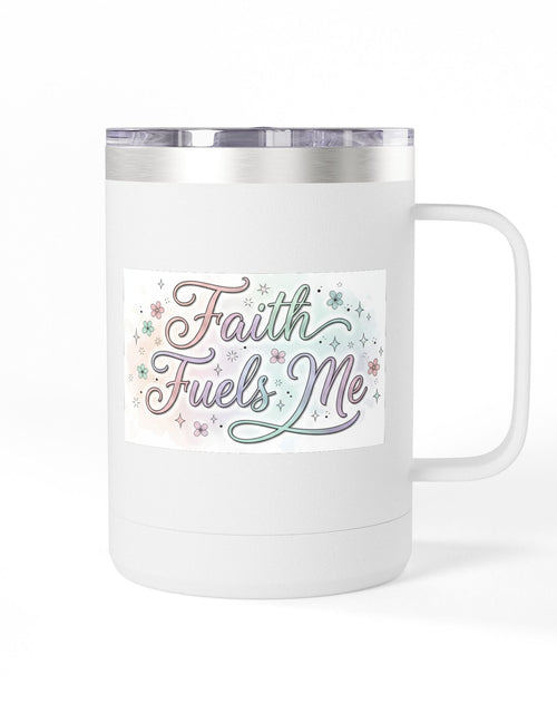 Load image into Gallery viewer, 15oz Insulated Coffee Tumbler Mug — "Faith Fuels Me" Pastel Star Design

