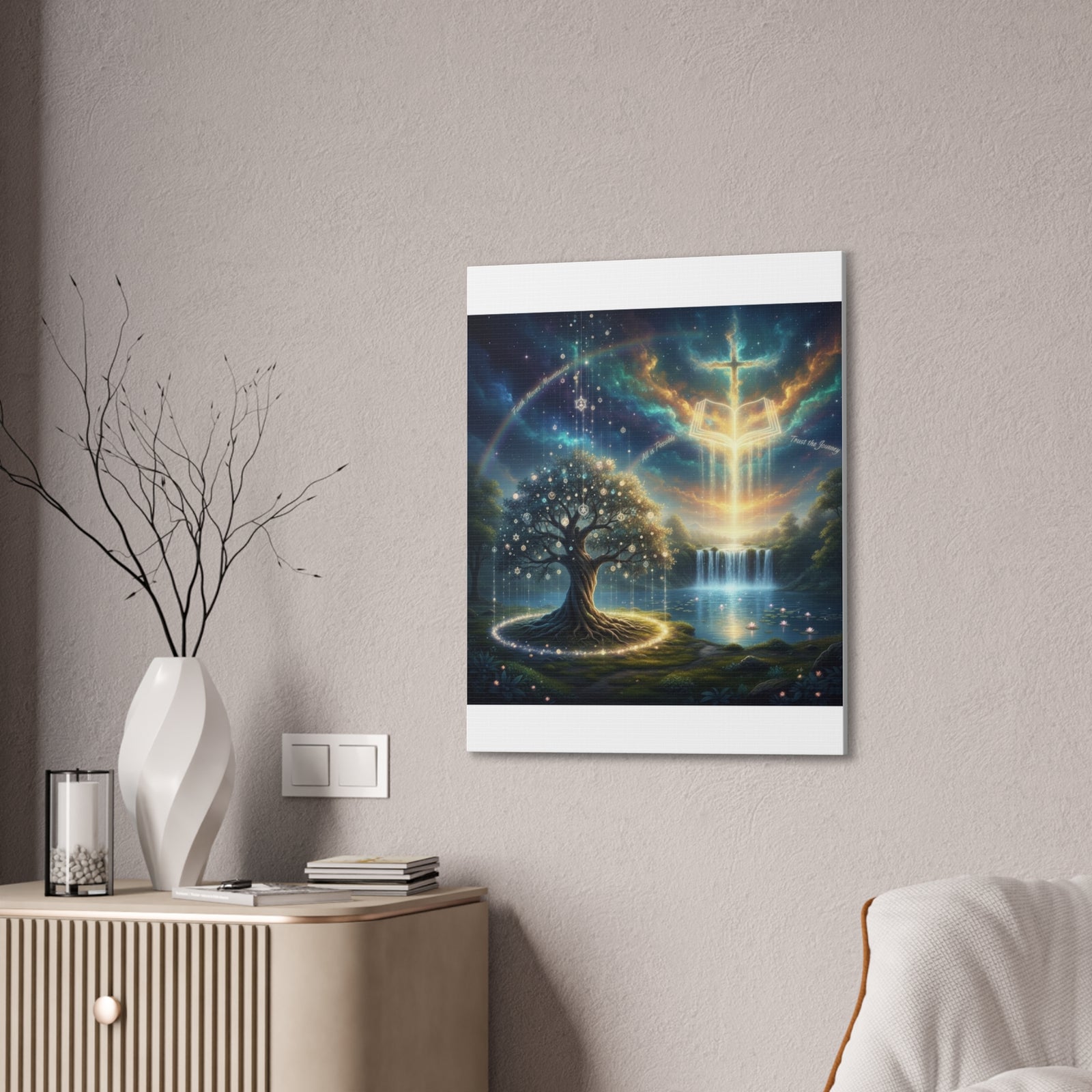Spiritual Tree of Life Canvas Art — Mystical Cross & Waterfall Stretched Canvas - Home Decor