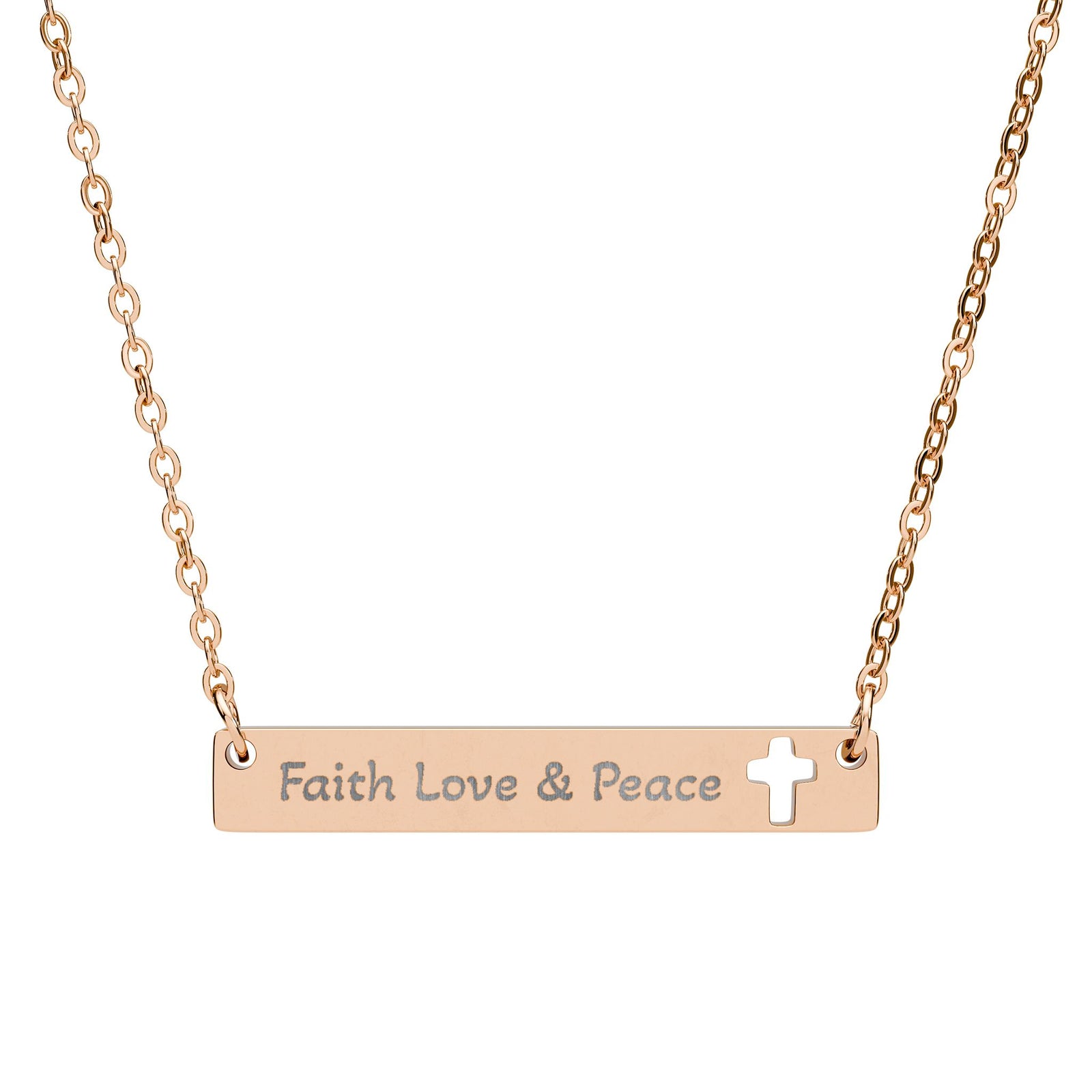 Cutout Cross Bar Necklace — "Faith, Love & Peace" Engraved Religious Pendant