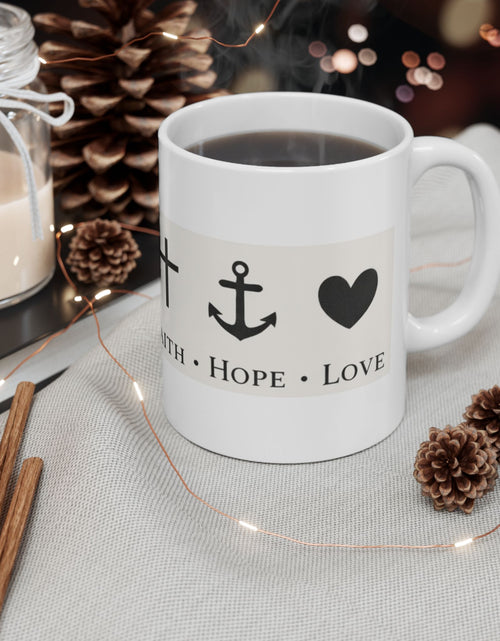 Load image into Gallery viewer, Faith Hope Love Ceramic Mug — Inspirational Cross &amp; Anchor Coffee Cup 11 oz &amp; 15 oz
