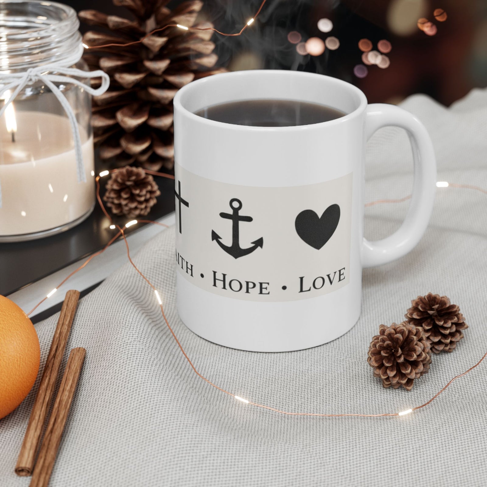Faith Hope Love Ceramic Mug — Inspirational Cross & Anchor Coffee Cup 11 oz & 15 oz