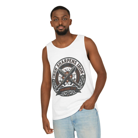 Men’s Iron Sharpens Iron Tank Top – Christian Gym Muscle Tee, Faith Strength Workout Shirt