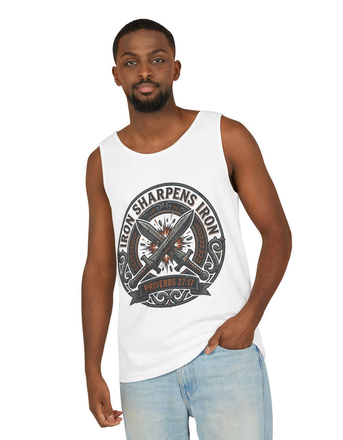 Load image into Gallery viewer, Men’s Iron Sharpens Iron Tank Top – Christian Gym Muscle Tee, Faith Strength Workout Shirt

