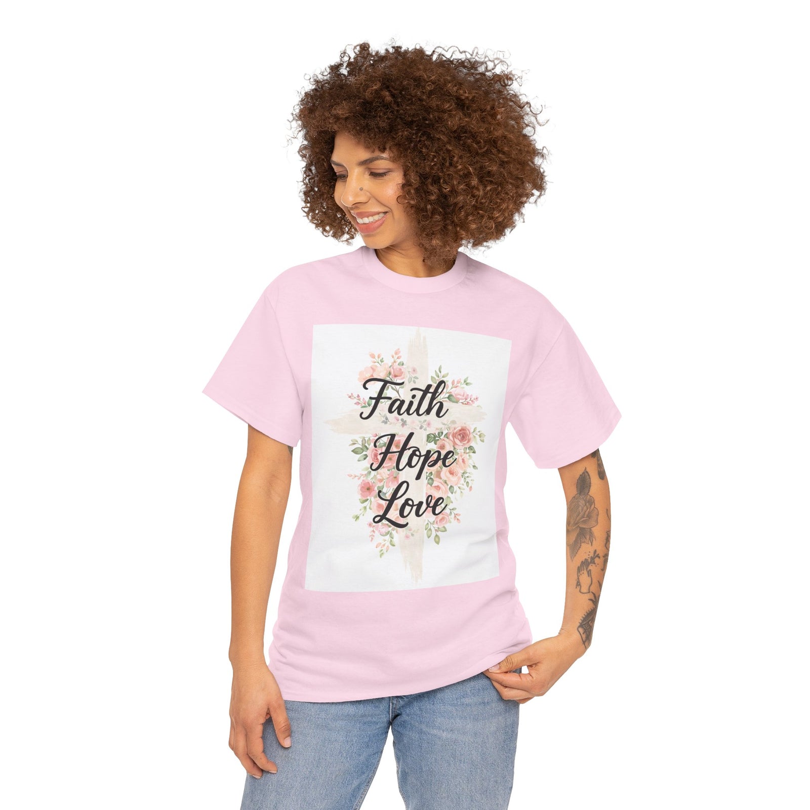 Faith Hope Love T-Shirt — Floral Cross Christian Tee for Women