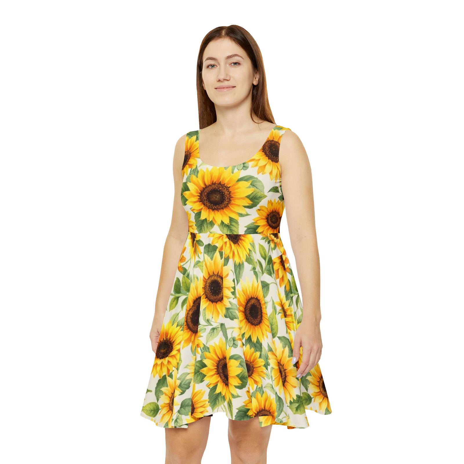 Sunflower Skater Dress – Bright Floral Summer Dress, Cute Sleeveless Sundress, Boho Beach Outfit, Garden Party Dress for Women