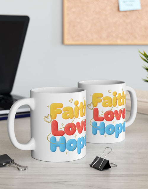 Load image into Gallery viewer, Faith Love &amp; Hope Ceramic Mug — Uplifting Christian Gift For Coffee Lovers 11 oz &amp; 15 oz
