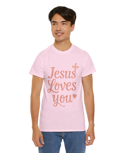 Load image into Gallery viewer, Jesus Loves You T-Shirt – Pink Script Faith Tee with Cross
