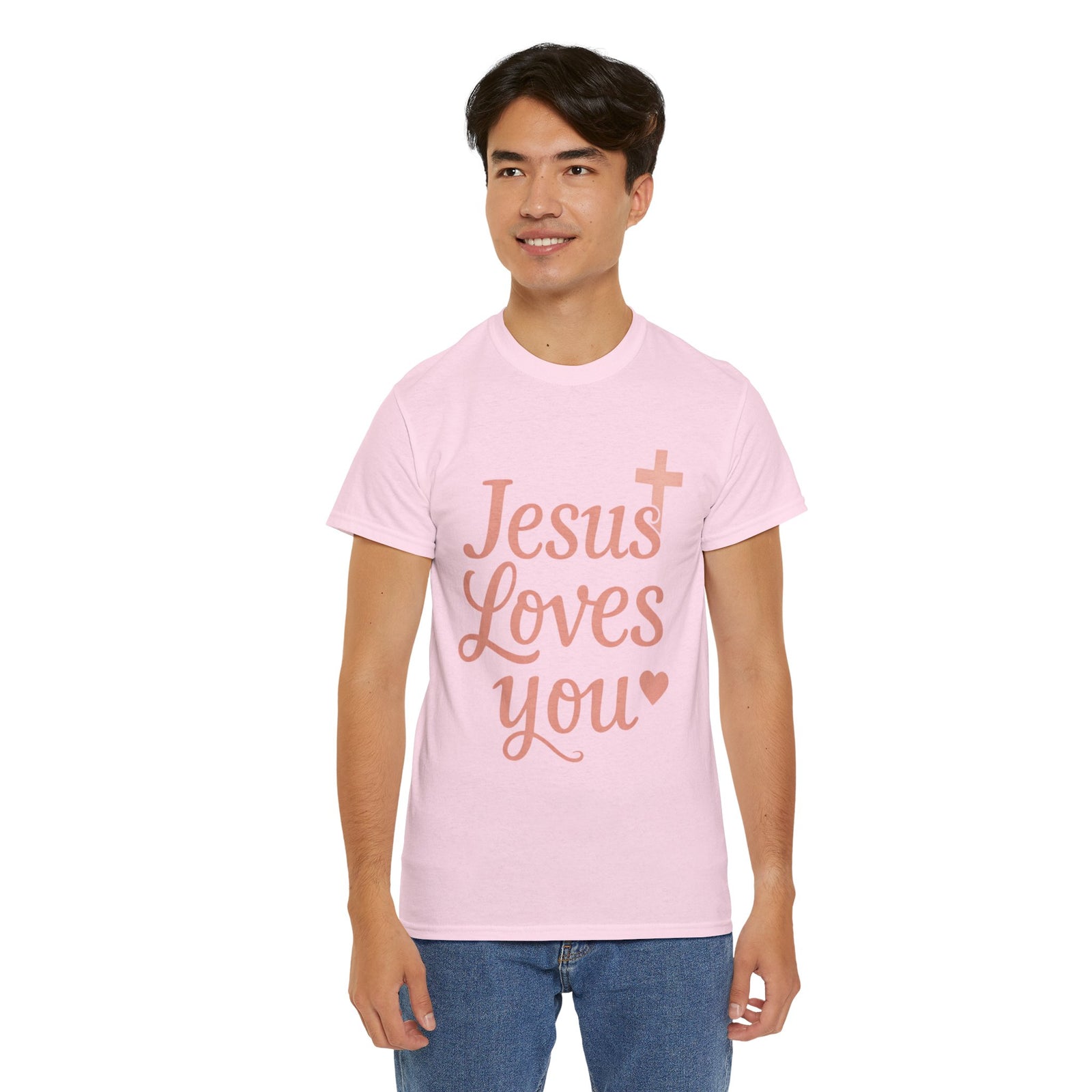Jesus Loves You T-Shirt – Pink Script Faith Tee with Cross