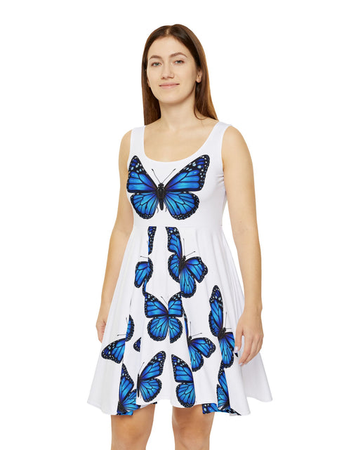 Load image into Gallery viewer, Blue Monarch Butterfly Skater Dress, Women’s Elegant Summer Sundress, Soft Aesthetic Outfit, Serene Feminine Dress, Light Angelic Butterfly Dress
