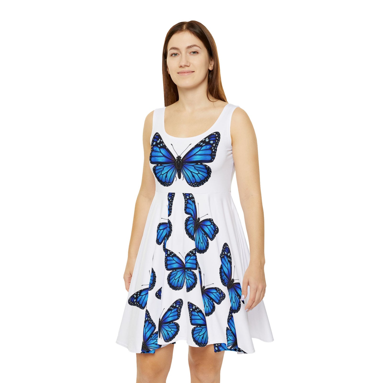 Blue Monarch Butterfly Skater Dress, Women’s Elegant Summer Sundress, Soft Aesthetic Outfit, Serene Feminine Dress, Light Angelic Butterfly Dress