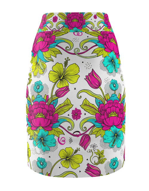 Load image into Gallery viewer, Floral Pencil Skirt – Bright Pink &amp; Teal Garden Print Midi Skirt, Colorful Boho Chic Summer Outfit, Office to Party Wear
