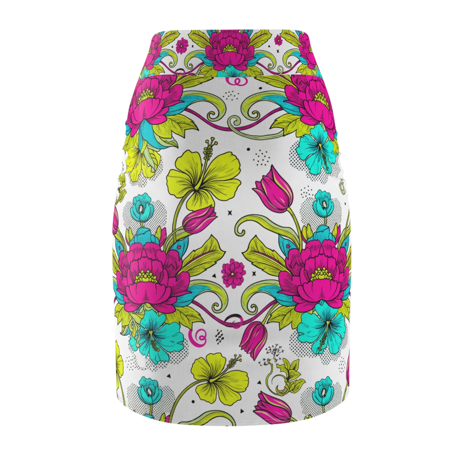 Floral Pencil Skirt – Bright Pink & Teal Garden Print Midi Skirt, Colorful Boho Chic Summer Outfit, Office to Party Wear