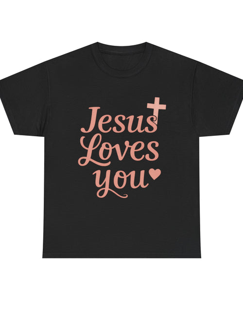Load image into Gallery viewer, Jesus Loves You T-Shirt – Pink Script Faith Tee with Cross
