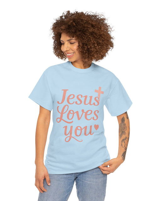 Load image into Gallery viewer, Jesus Loves You T-Shirt – Pink Script Faith Tee with Cross
