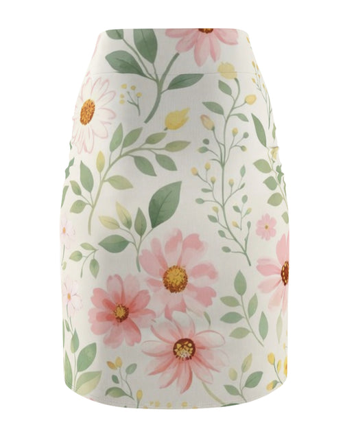 Load image into Gallery viewer, Pink Daisy Watercolor Pencil Skirt for Women | Soft Floral Spring Skirt | Feminine Pastel Outfit | Mid-Waist Everyday Skirt
