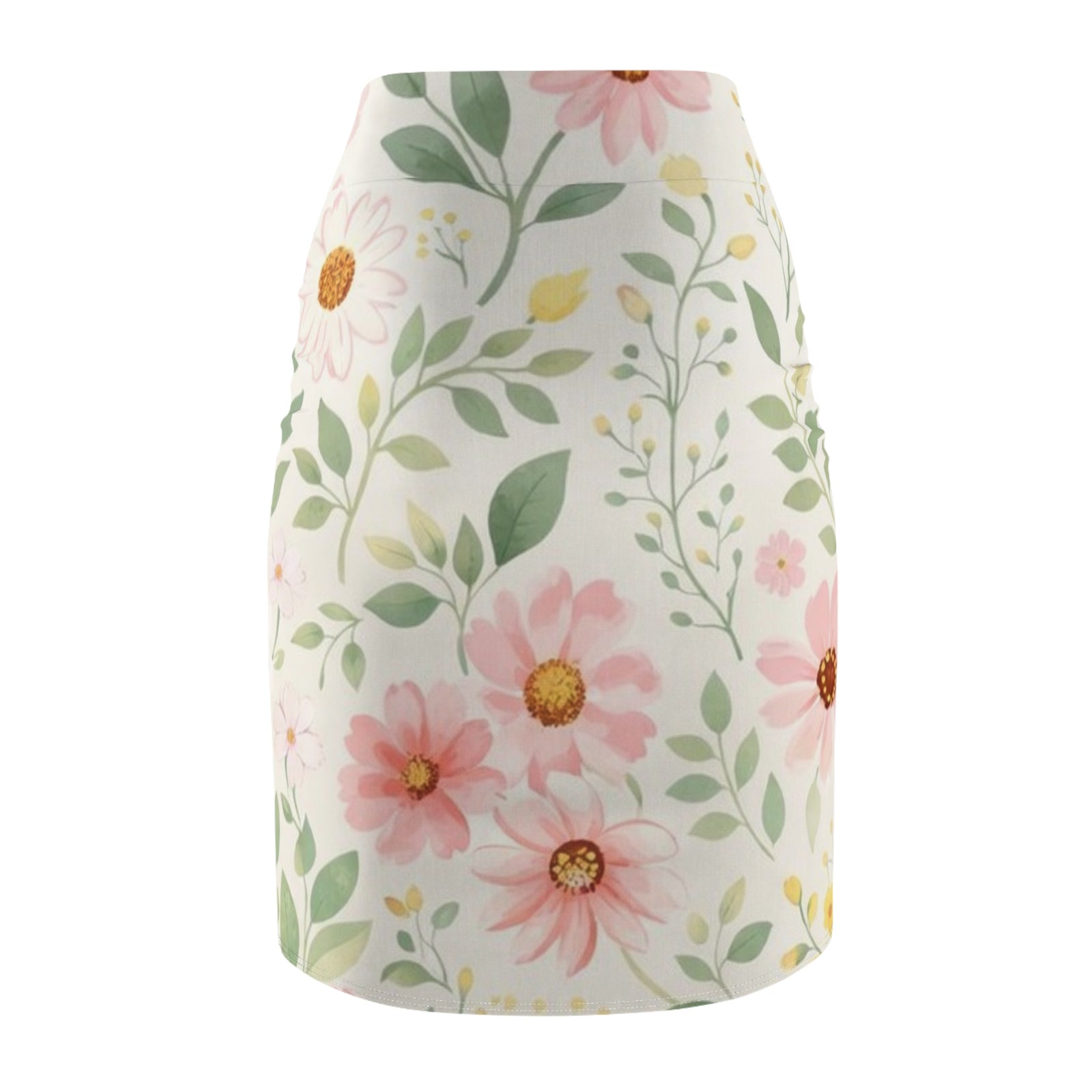 Pink Daisy Watercolor Pencil Skirt for Women | Soft Floral Spring Skirt | Feminine Pastel Outfit | Mid-Waist Everyday Skirt
