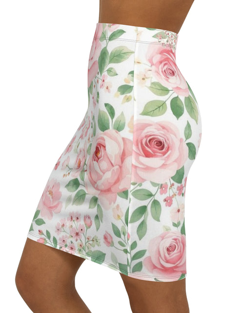 Load image into Gallery viewer, Pink Floral Pencil Skirt for Women | Romantic Rose Print Skirt | Elegant Spring Summer Outfit | Office Chic Midi Skirt
