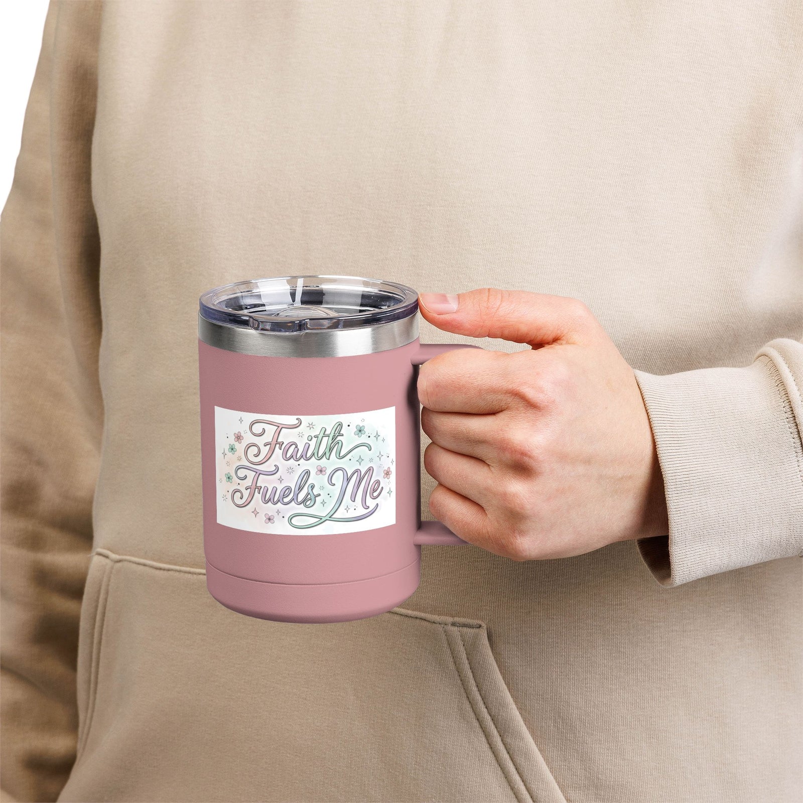 15oz Insulated Coffee Tumbler Mug — "Faith Fuels Me" Pastel Star Design