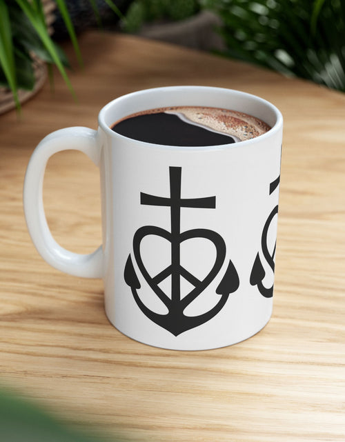 Load image into Gallery viewer, Faith, Love &amp; Peace Ceramic Mug — Uplifting Christian Coffee Lover Cup 11  oz &amp; 15 oz
