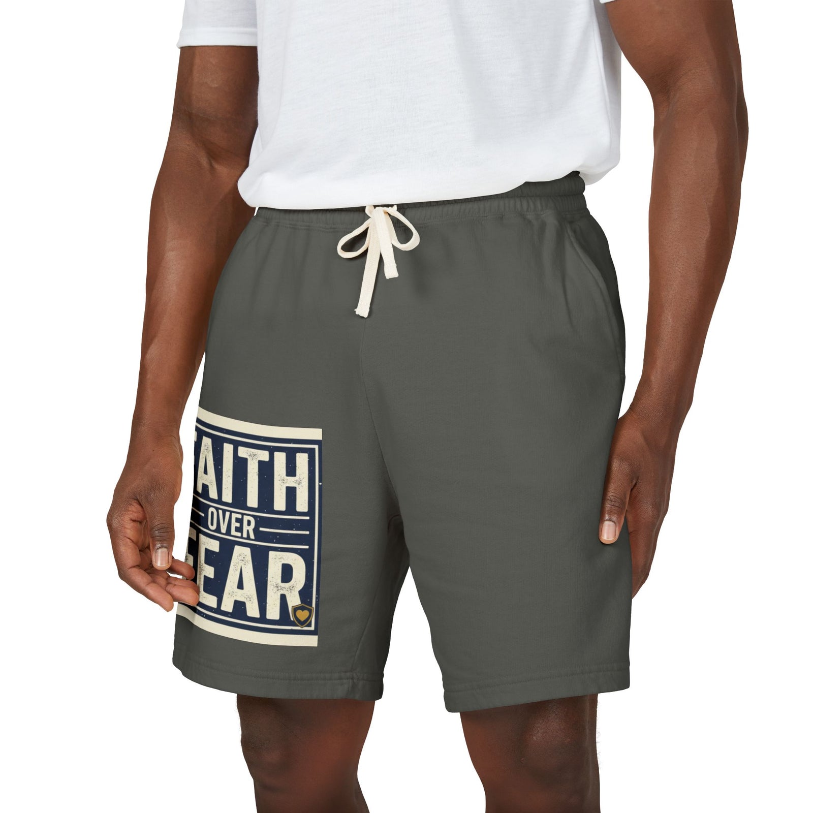 Men’s Faith Over Fear Fleece Shorts – Christian Graphic Lounge Shorts, Casual Spring Summer Athleisure