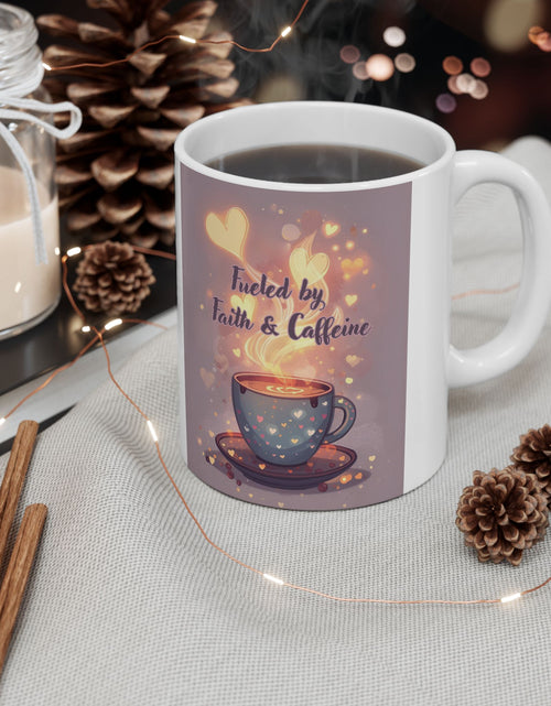 Load image into Gallery viewer, Faith And Coffee Fuels Me Ceramic Mug — Inspirational Heart Fairy Coffee Lovers Cup 11 oz &amp; 15 oz
