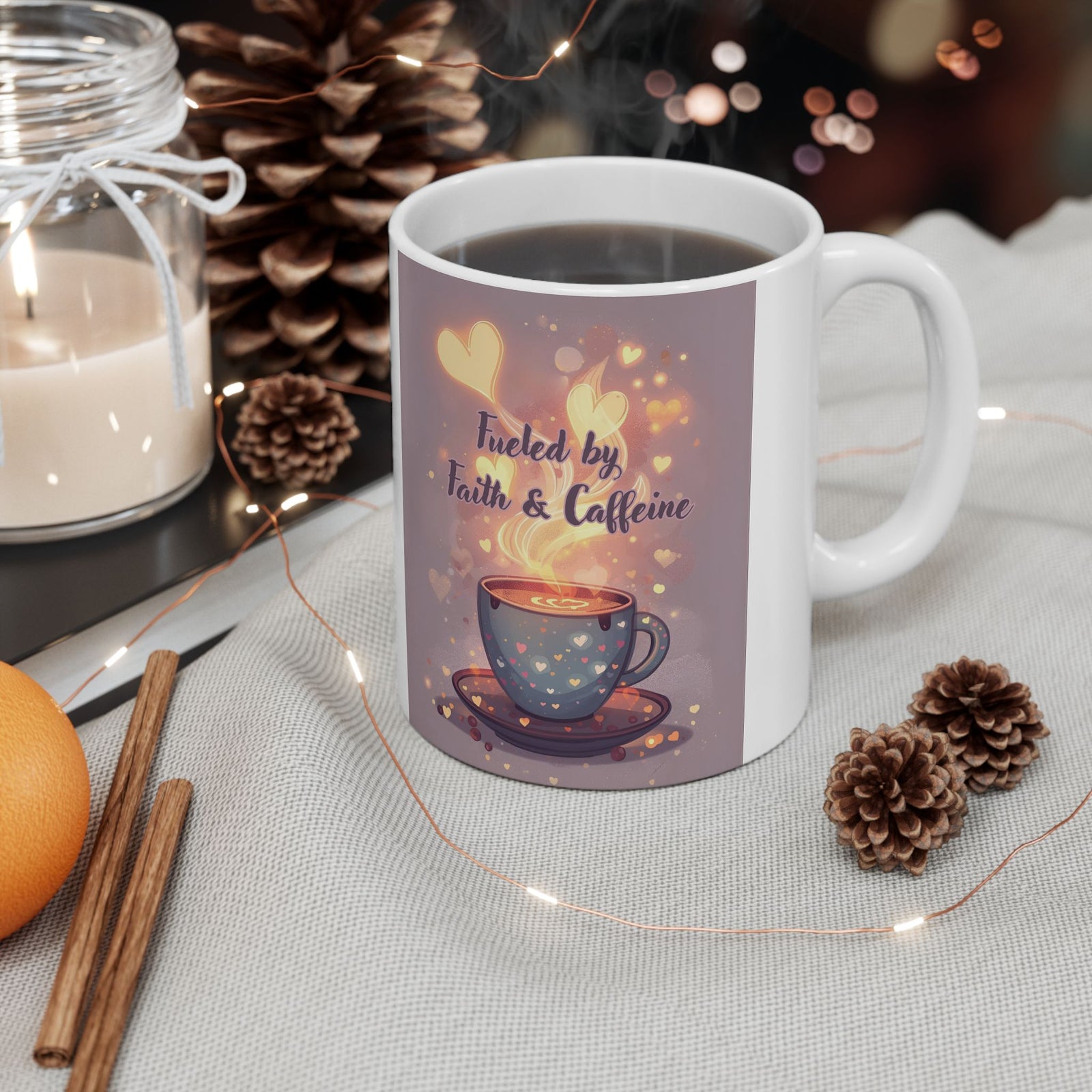 Faith And Coffee Fuels Me Ceramic Mug — Inspirational Heart Fairy Coffee Lovers Cup 11 oz & 15 oz