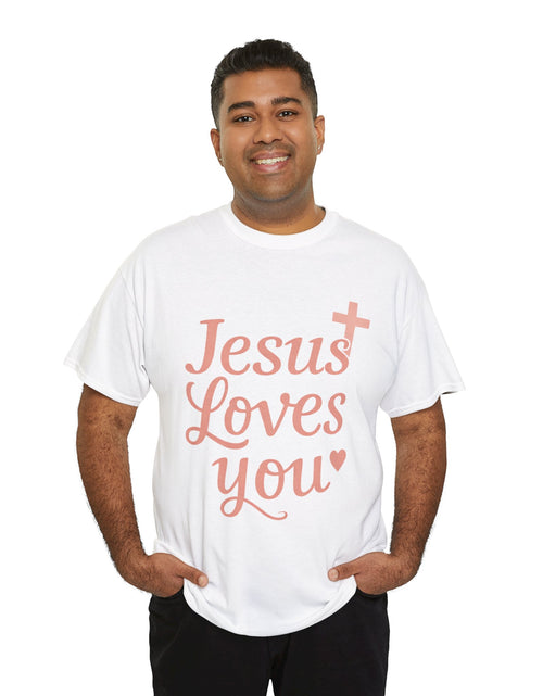 Load image into Gallery viewer, Jesus Loves You T-Shirt – Pink Script Faith Tee with Cross
