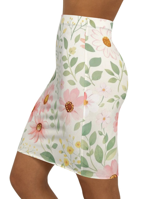 Load image into Gallery viewer, Pink Daisy Floral Pencil Skirt for Women | Soft Watercolor Spring Skirt | Feminine Garden Outfit | Elegant Mid-Waist Skirt
