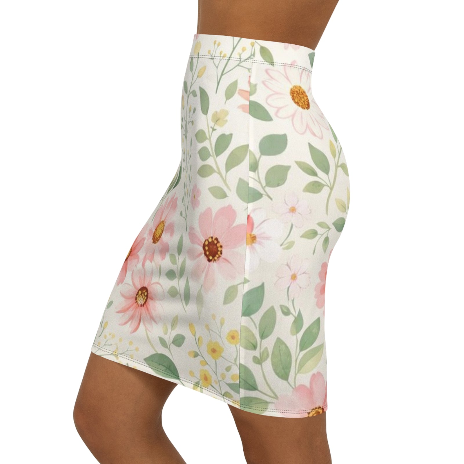 Pink Daisy Floral Pencil Skirt for Women | Soft Watercolor Spring Skirt | Feminine Garden Outfit | Elegant Mid-Waist Skirt