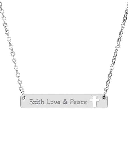 Cutout Cross Bar Necklace — "Faith, Love & Peace" Engraved Religious Pendant