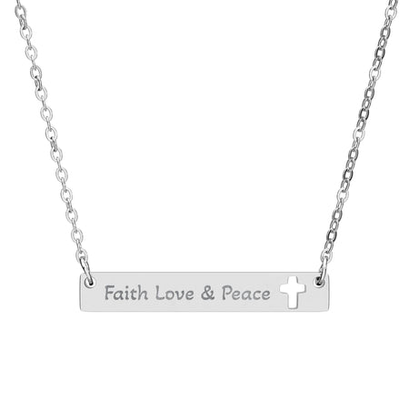 Cutout Cross Bar Necklace — "Faith, Love & Peace" Engraved Religious Pendant