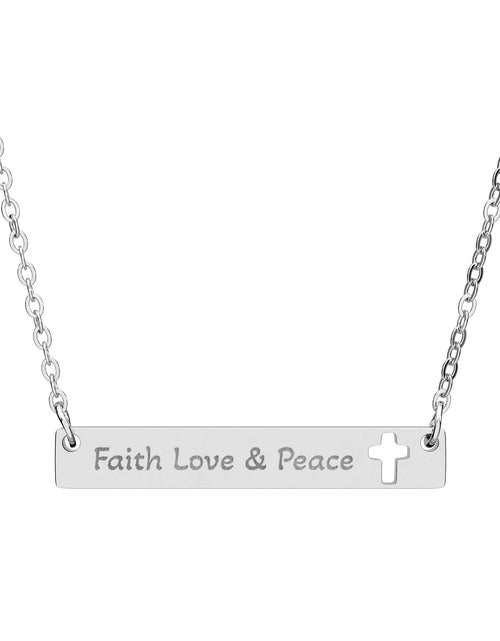 Load image into Gallery viewer, Cutout Cross Bar Necklace — "Faith, Love &amp; Peace" Engraved Religious Pendant
