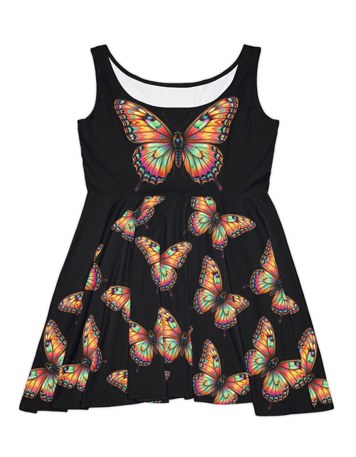 Load image into Gallery viewer, Monarch Butterfly Transformation Skater Dress, Women’s Bold Artistic Sundress, Colorful Statement Dress, Empowerment Outfit, Vibrant Butterfly Dress
