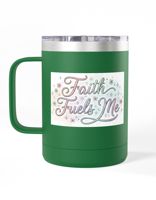 Load image into Gallery viewer, 15oz Insulated Coffee Tumbler Mug — "Faith Fuels Me" Pastel Star Design
