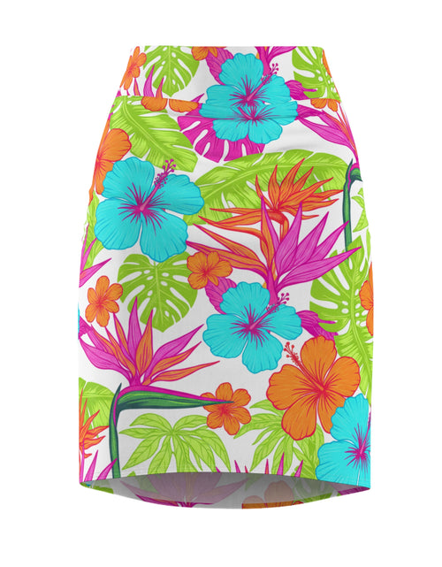 Load image into Gallery viewer, Tropical Hibiscus Pencil Skirt for Women | Bright Floral Summer Skirt | Vacation Beach Outfit | Colorful Mid-Waist Skirt
