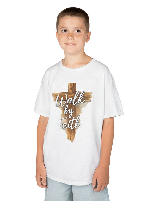 Load image into Gallery viewer, Kids Tee — 'Walk by Faith' Wooden Cross Christian Shirt
