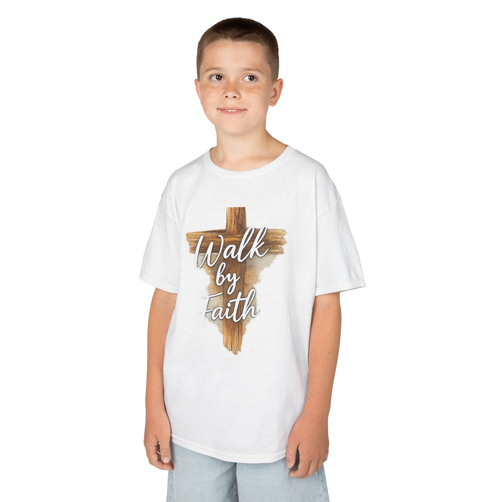 Kids Tee — 'Walk by Faith' Wooden Cross Christian Shirt