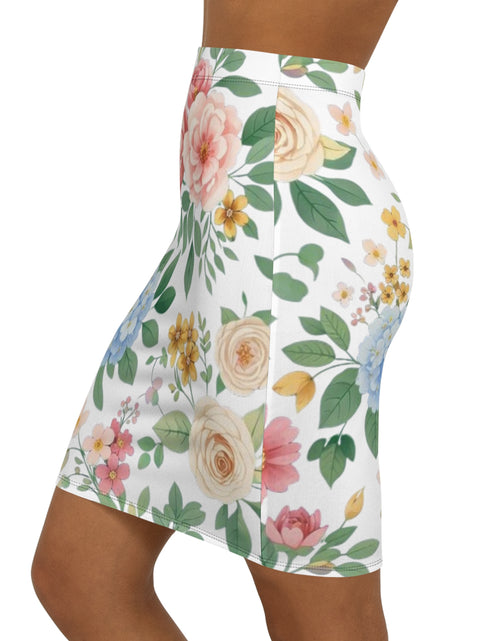 Load image into Gallery viewer, Floral Watercolor Pencil Skirt for Women | Soft Spring Garden Print Skirt | Feminine Pastel Outfit | Elegant Mid-Waist Skirt
