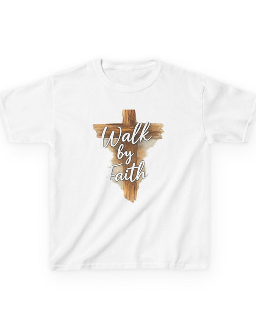 Load image into Gallery viewer, Kids Tee — 'Walk by Faith' Wooden Cross Christian Shirt
