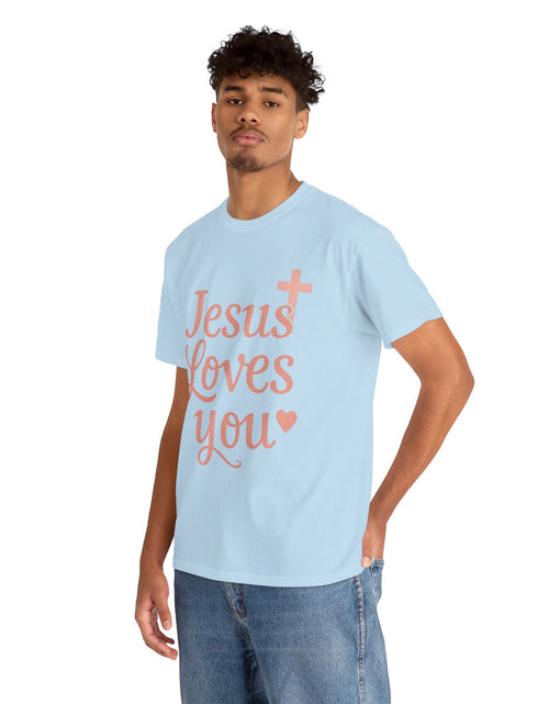 Load image into Gallery viewer, Jesus Loves You T-Shirt – Pink Script Faith Tee with Cross
