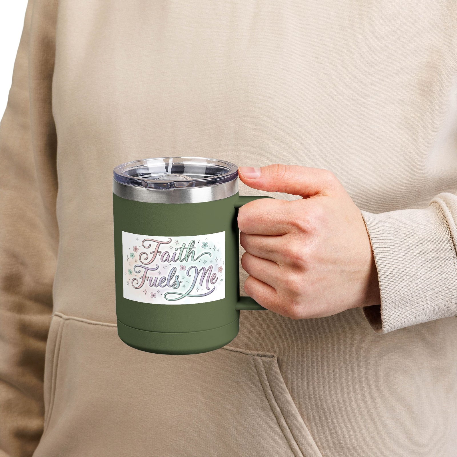 15oz Insulated Coffee Tumbler Mug — "Faith Fuels Me" Pastel Star Design