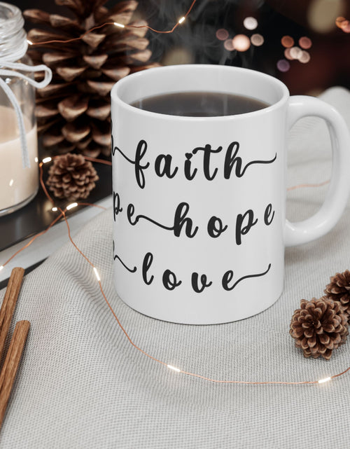 Load image into Gallery viewer, Faith Hope Love Ceramic Coffee Mug — Inspirational Scripture Coffee Lovers Cup 11 oz &amp; 15 oz
