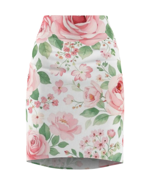 Load image into Gallery viewer, Pink Rose Floral Pencil Skirt for Women | Romantic Garden Skirt | Soft Watercolor Spring Outfit | Feminine Mid-Waist Skirt
