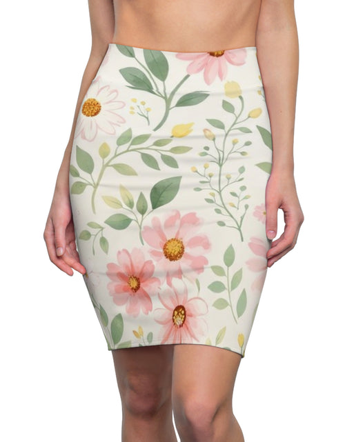Load image into Gallery viewer, Pink Daisy Watercolor Pencil Skirt for Women | Soft Floral Spring Skirt | Feminine Pastel Outfit | Mid-Waist Everyday Skirt
