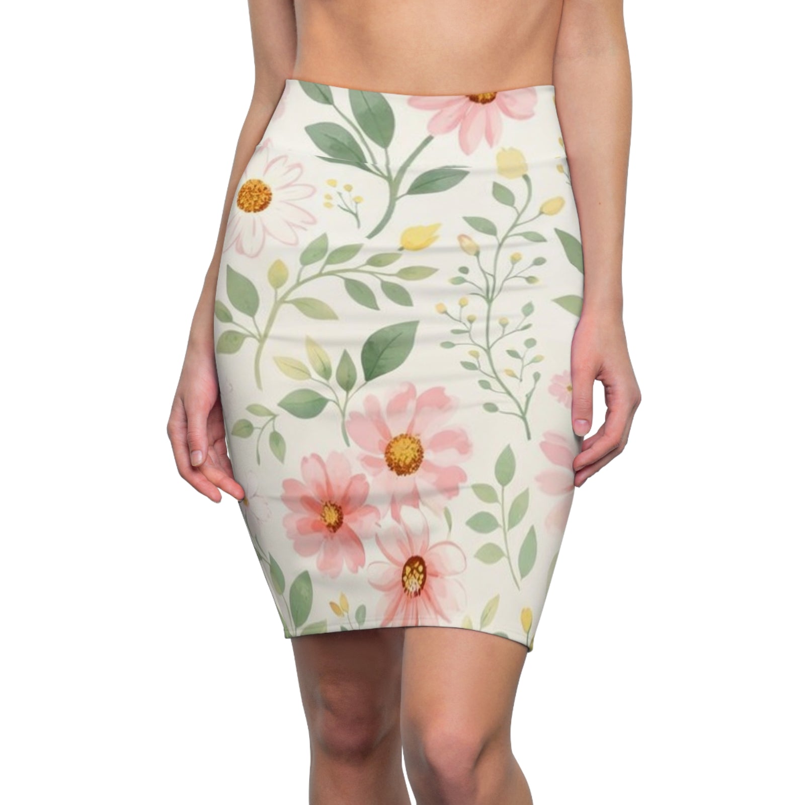 Pink Daisy Watercolor Pencil Skirt for Women | Soft Floral Spring Skirt | Feminine Pastel Outfit | Mid-Waist Everyday Skirt