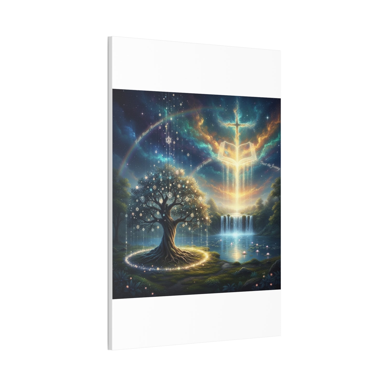 Spiritual Tree of Life Canvas Art — Mystical Cross & Waterfall Stretched Canvas - Home Decor